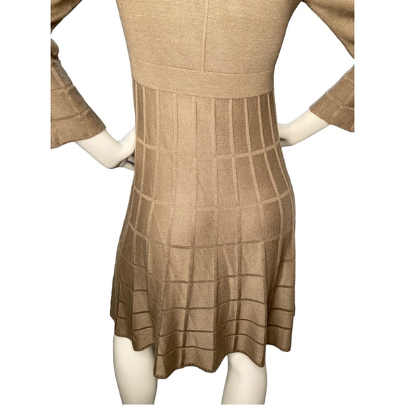 CALVIN KLEIN Light Brown Taupe Bell Sleeve Pleated Knee Length Dress, M - Picture 4 of 10
